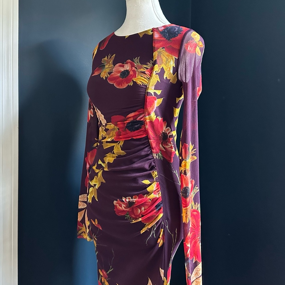 Fuzzi Abito Mesh Long Sleeve Ruched Midi Dress, Size XS - Picture 6 of 16